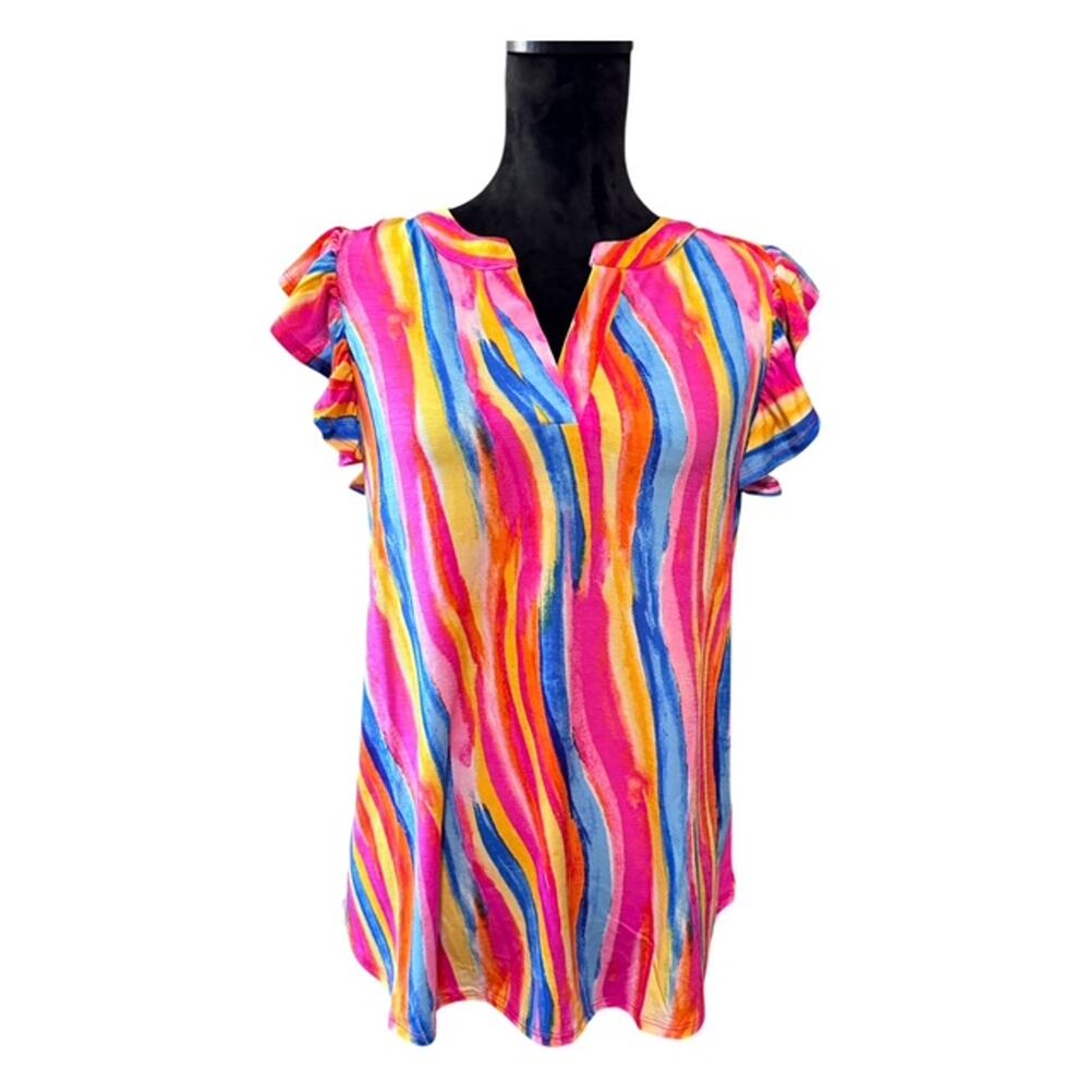 Dear Scarlett - Colorful Flutter Sleeve Lizzy Top - Large - Picture 2 of 6